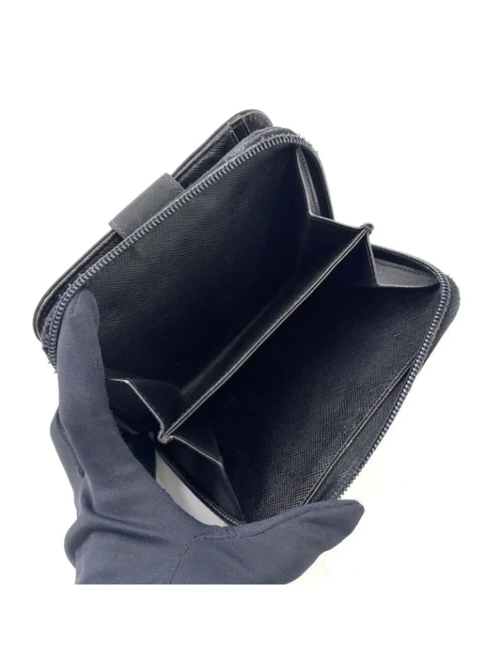 Prada Zip Around Leather Nylon Black Wallet Silver